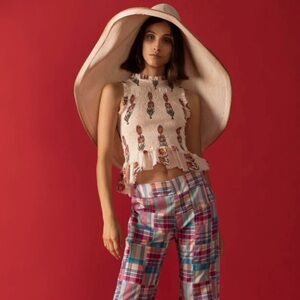 ALIX OF BOHEMIA Anjou Bijou Hand Block Printed Smocked Cotton Top Size L EUC